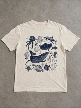 Gildan white Short Sleeve Tee with Navy Marine Life Print